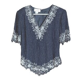 Vintage Laurence Kazar L Black Beaded V Neck Short Sleeve Top Evening Formal‎